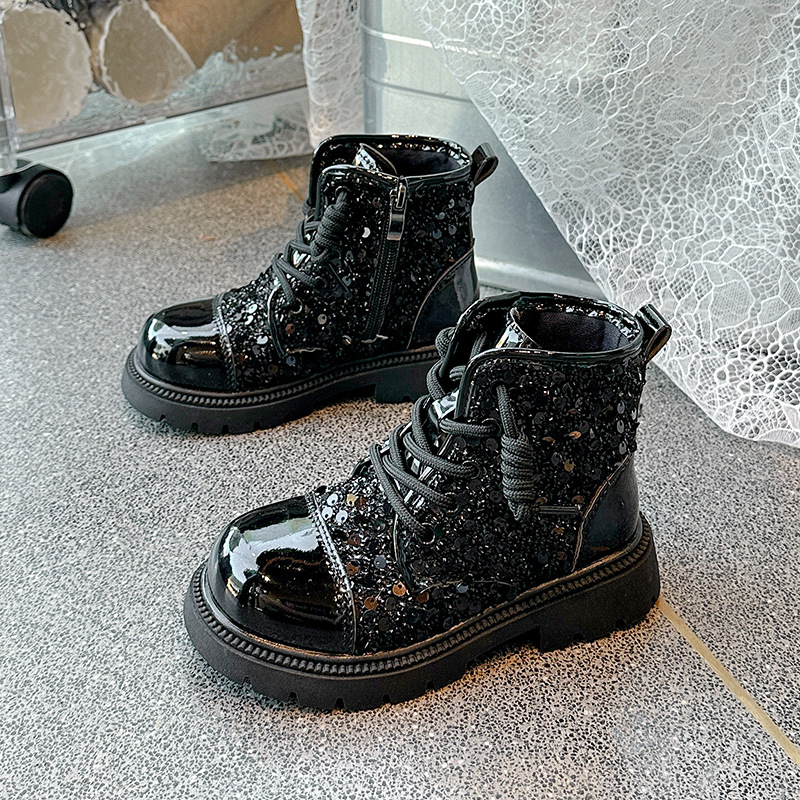 Children Fashion Boots Girls Sequin British Style Anti Slip Wear Resistant Kidszworld Kids Short Boots Toddler Leather Snow Boots Sizes 26 - 36 K0362