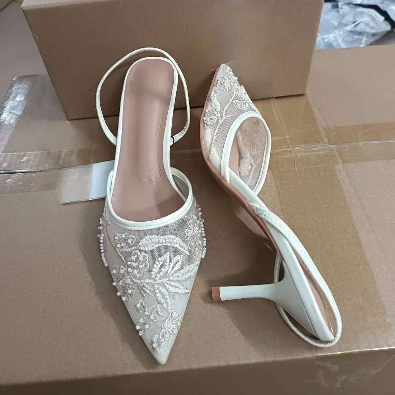 Mesh Embroidered Brand Sandals String Bead Thin Heels Mules Shoes Pointed Toe Sgback Slippers Women atos De Mujer