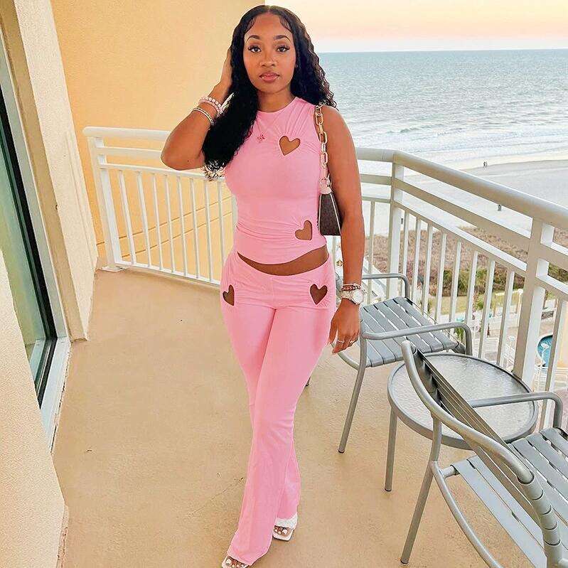 Hot Seal Womens Loving Heart Cut Out Pink Tracksuits Chic Sleeveless T-shirt Top and Pants 2 Pieces Set Holiday Outfit Streetwear