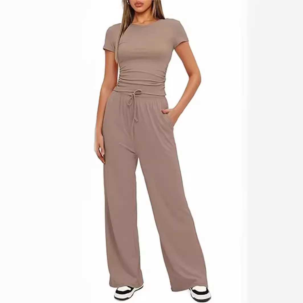Womens two-piece summer short Sve pleated top with wide legs ultra-thin fashion yoga sportswear matching womens Trouser setXJ250414