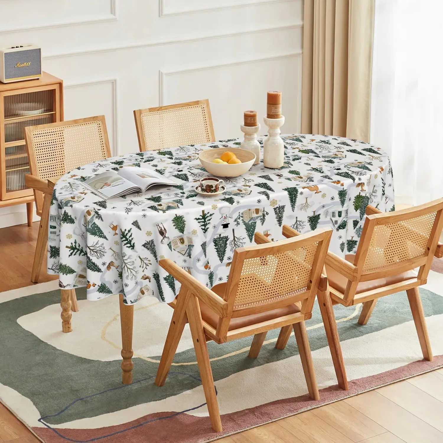 Christmas Christmas Tree Snowman Deer Polyester Tablecloth for Table Decor Winter Xmas Kitchen Dining Table Cloth Christmas Decorations Y251113