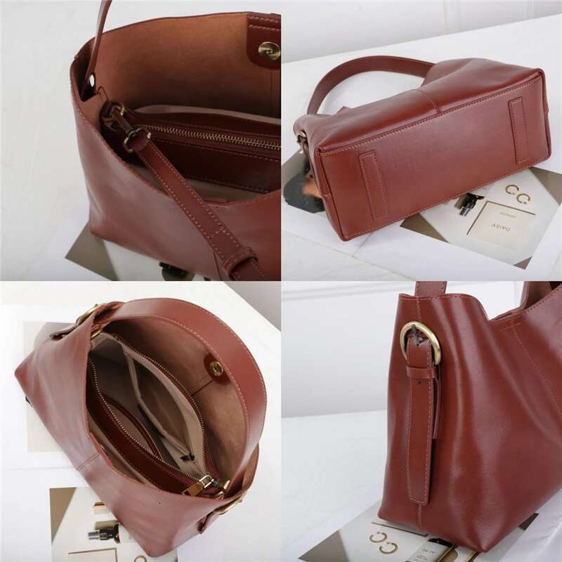 Hifashion Vintage Genuine Leather Bucket Tote Handbags For Women 2025 Trend Designer Shopping Ladies Shoulder Crosssbody Bags