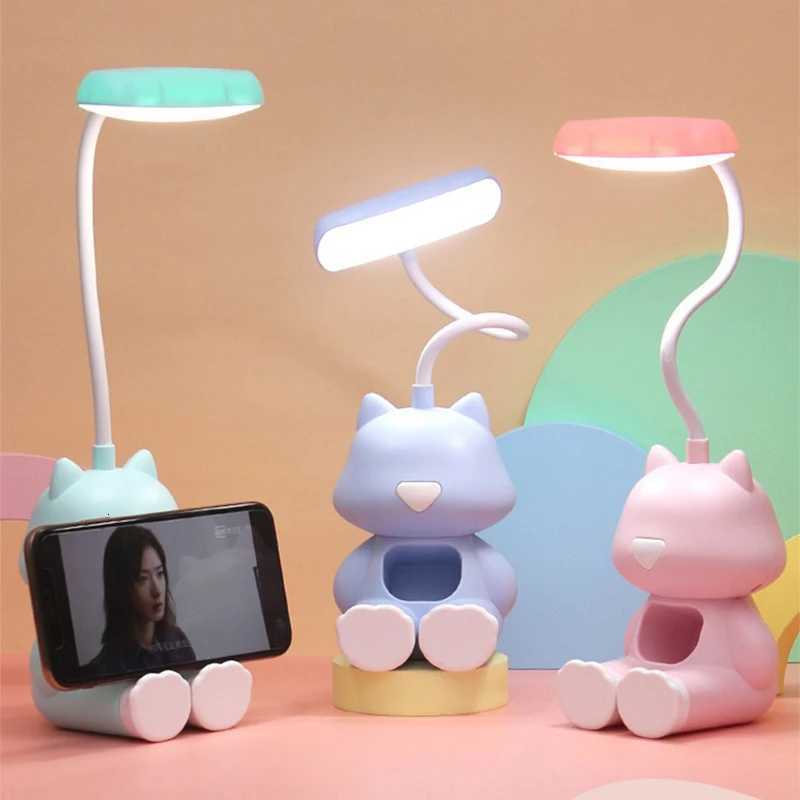 Cute Cat Flexible Led Study Desk Lamp with Phone Holder Bedside Color Adjust Table Lamp for Kids Student Room M251114