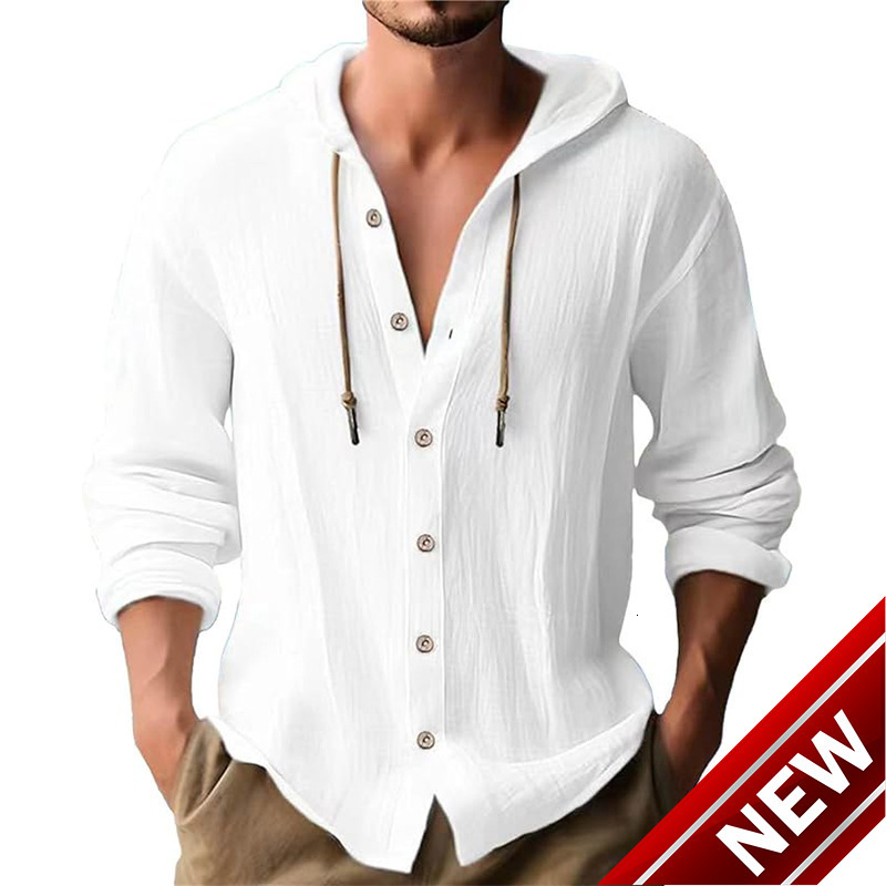 Mens solid color casual long sleeved shirt hooded drawstring cotton and linen cardigan trendy versatile loose beach T-shirt