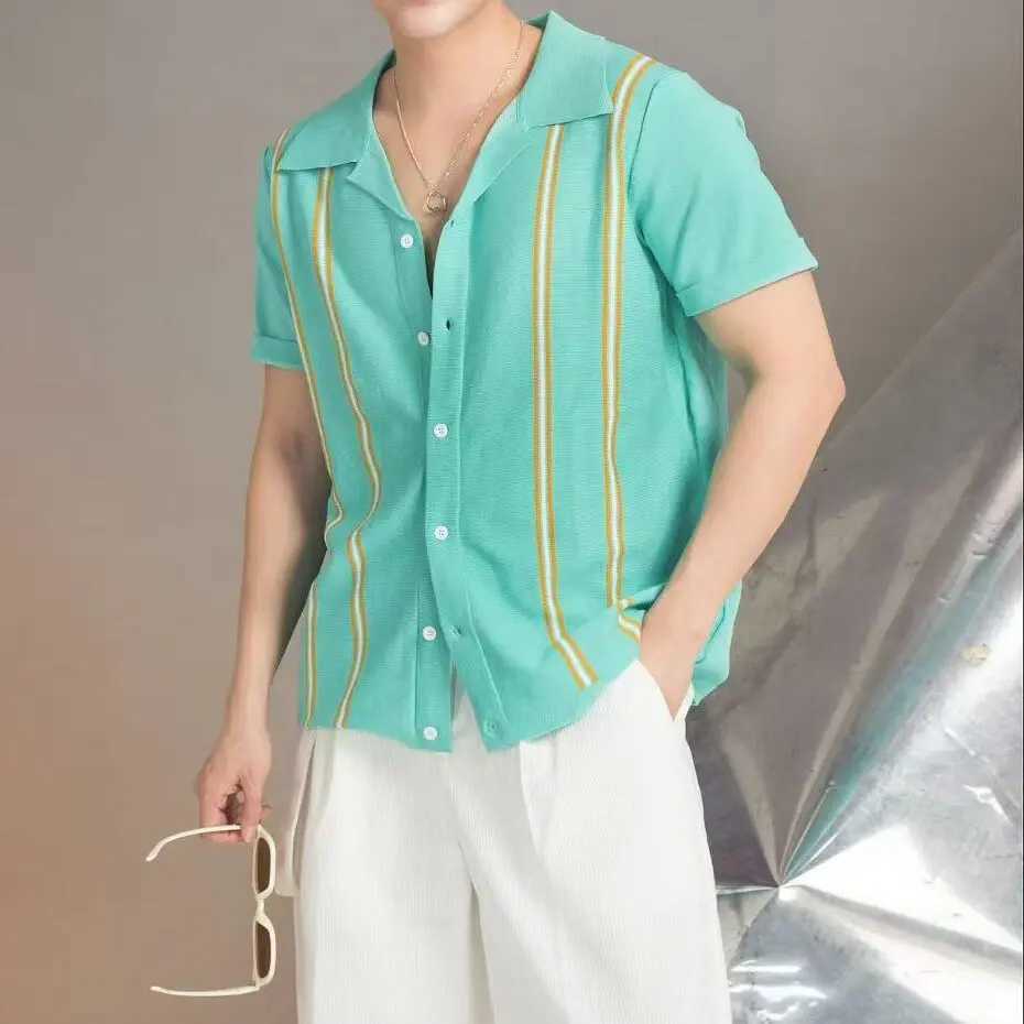 Summer 2025 Cuban collar retro striped polo shirt mens flip collar knitted ice silk short sleeved casual business T-shirt W250414