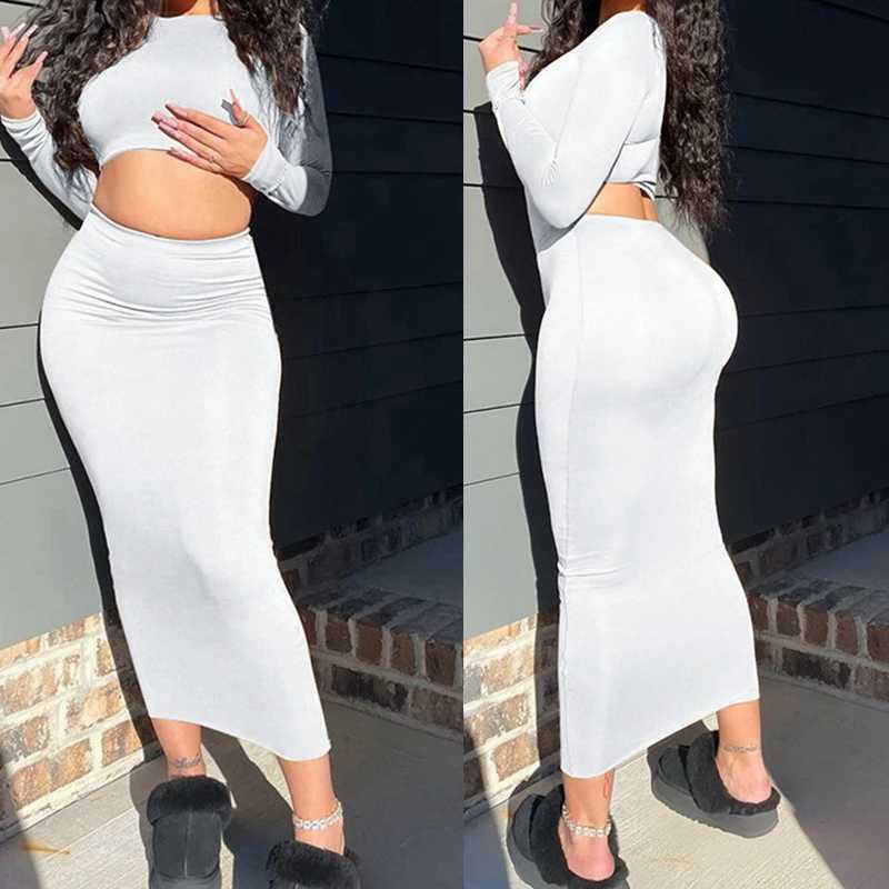 Womens dress set long Sve crop top and mid calf ski suit fashionable 2PCS set ultra-thin office womens autumn set Q2418 clothingXJ250414