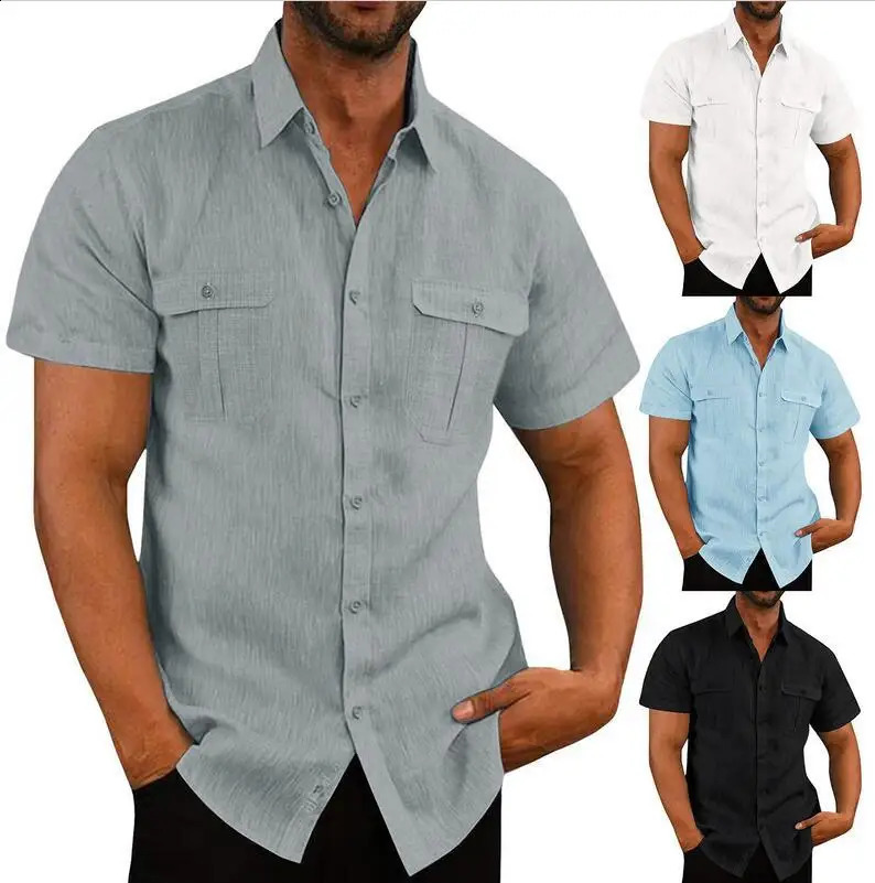 Cotton Linen Men Short-Sleeved Shirts Summer Solid Color Stand-Up Collar Casual Beach Style Plus SizeMale Shirts M-5XL 250411