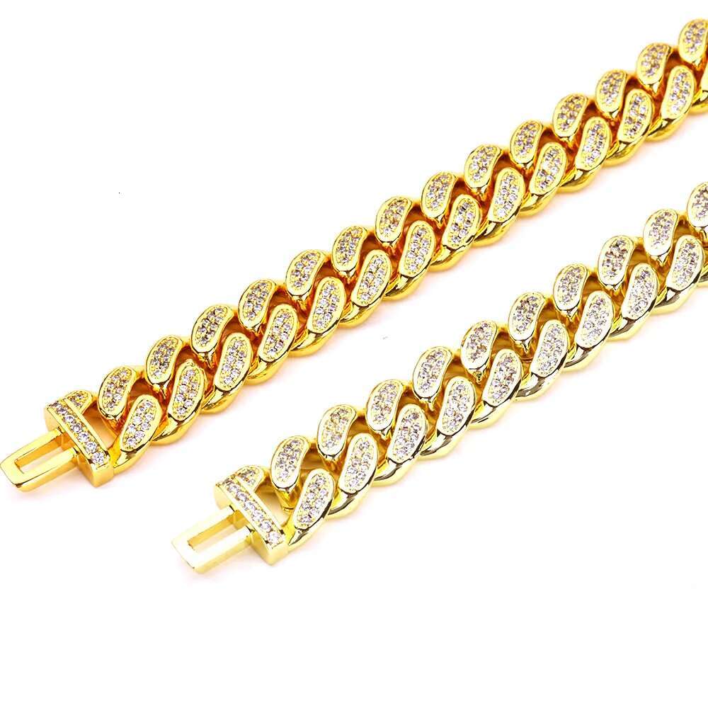 Hip Hop 14k Gold Plated Bling Iced Cuban Chain Jewelry Cadena Hombre 12mm 2 Rows Diamond 18k Gold Color Cuban Necklace