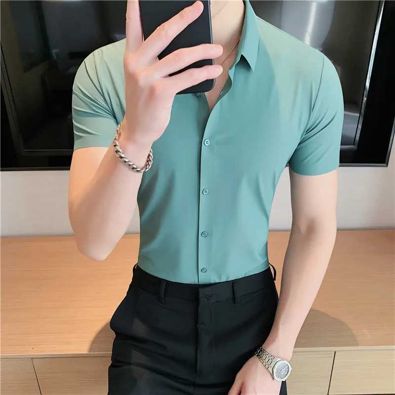 6-color high-quality new solid high elasticity seamless short sleeved mens slim fit casual business formal dress W250414