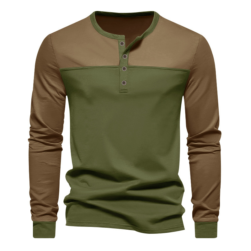 American style spring and autumn long sleeved T-shirt men, thin cut color blocking slim fit Henry base shirt for men