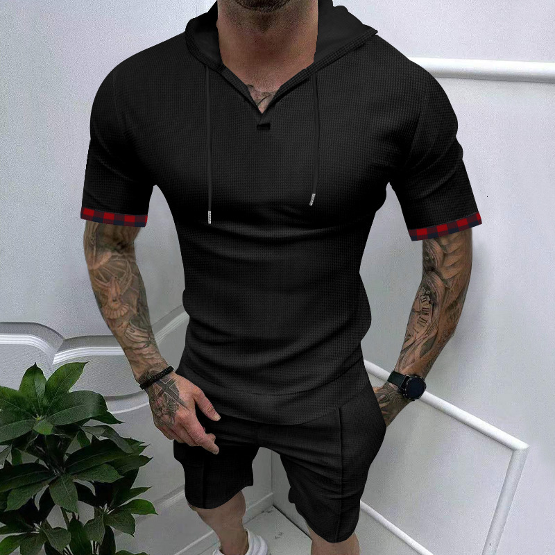 2025 Summer New Men's Waffle Hooded Short sleeved Shorts Casual Sports Set for Men