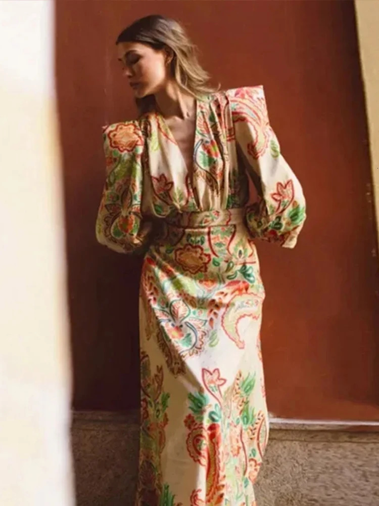 Printed deep Vneck womens dress lantern sleeves Aline 2024 summer beach party high waisted ultrathin elegant Rube 250414