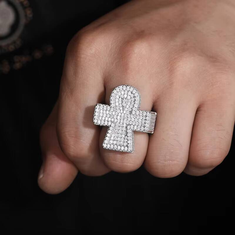 New Arrivals Sparkling Jewelry Mens Party Gift Christian S925 Silver Micro VVS Moissanite Diamond Iced Out Ankh Cross Ring