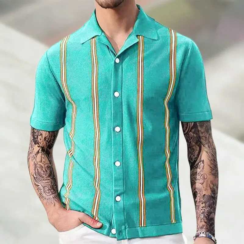 Summer 2025 Cuban collar retro striped polo shirt mens flip collar knitted ice silk short sleeved casual business T-shirt W250414