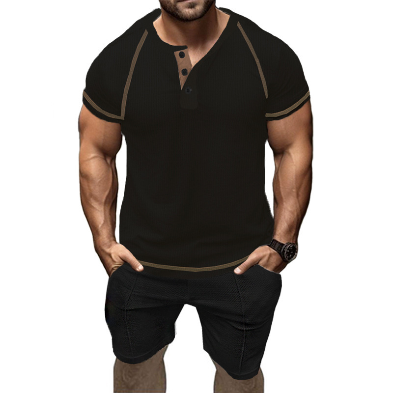 Summer Fashion Casual Slim Fit Wear Henry T-shirt Waffle Sports Shorts Set Men's