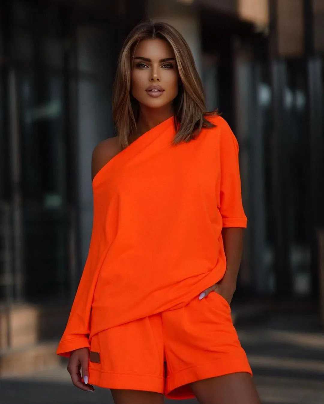 Casual Solid Set Shoulder Slope Collar Irregular Floral Top Elastic Waist Shorts 2-piece Set Summer Womens WearXJ250414