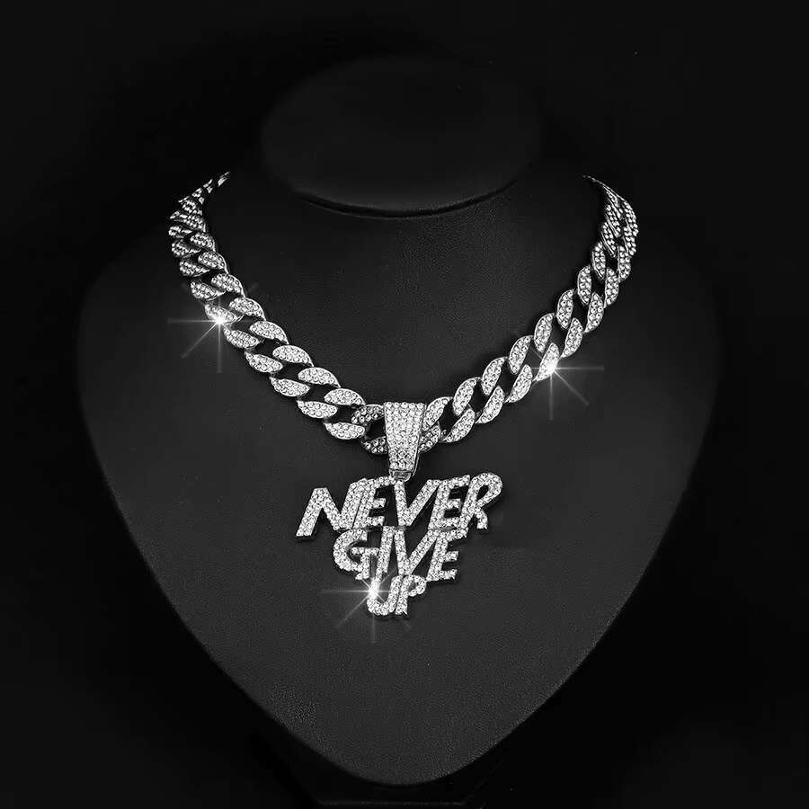 DHCollection Unisex Hip Hop Never Give up Pendant with Cuban k Chain Gold and Sier Plated for Gift or Party