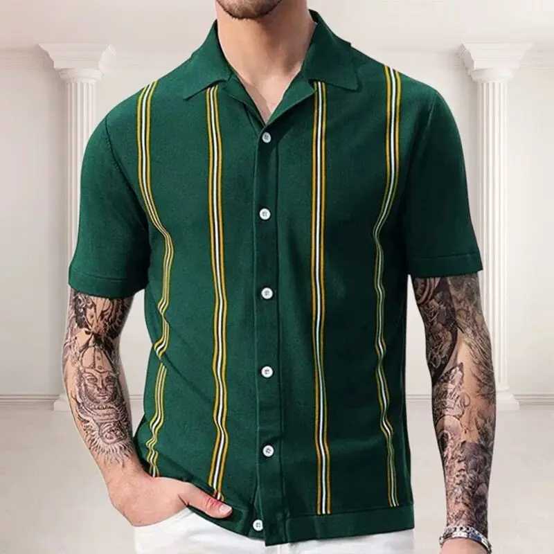 Summer 2025 Cuban collar retro striped polo shirt mens flip collar knitted ice silk short sleeved casual business T-shirt W250414