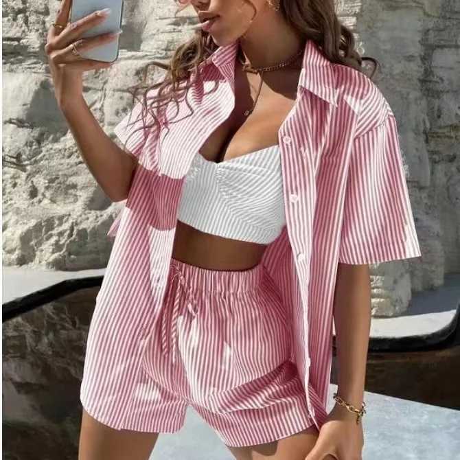 Womens striped printed two-piece short outfit spring casual revolving door collar half Sve shirt short outfit summer streetwearXJ250414