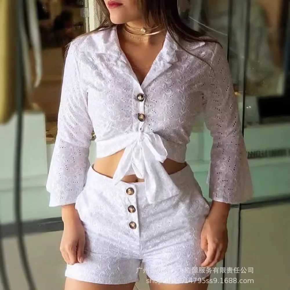 Mandylandy Flared Sve T-shirt Top Womens Summer 2-piece Set White Shorts Button Lace TopXJ250414