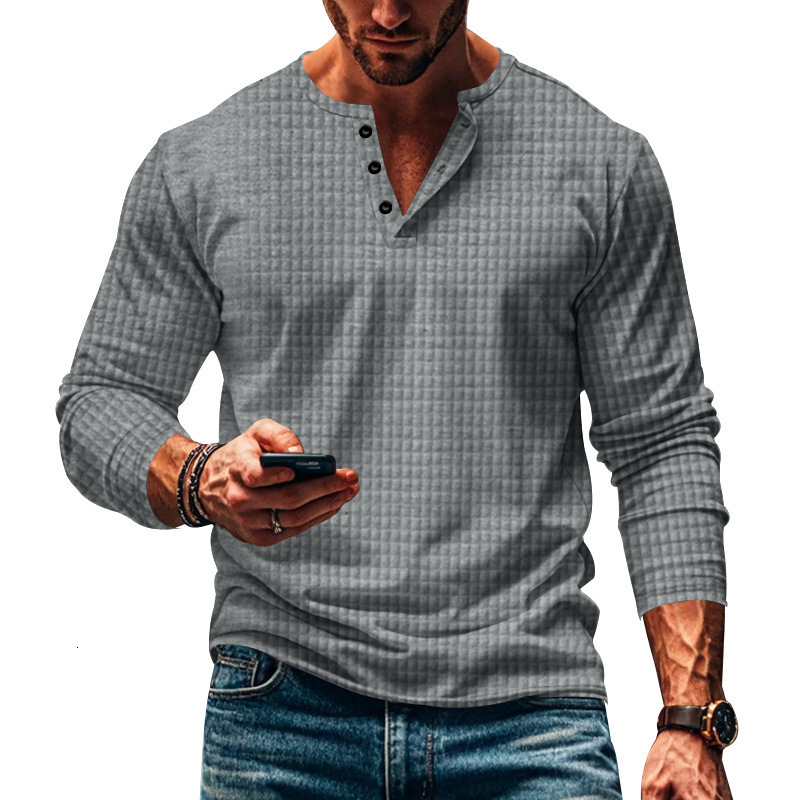 Autumn and winter temu small grid casual sports breathable mens long sleeved T-shirt mens casual Henry shirt