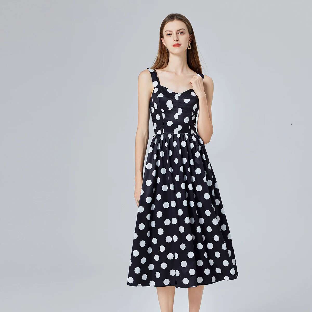 Designer dress maxi dress 2025 summer fashion show polka dot print sleeveless black Midi holiday casual women's vest