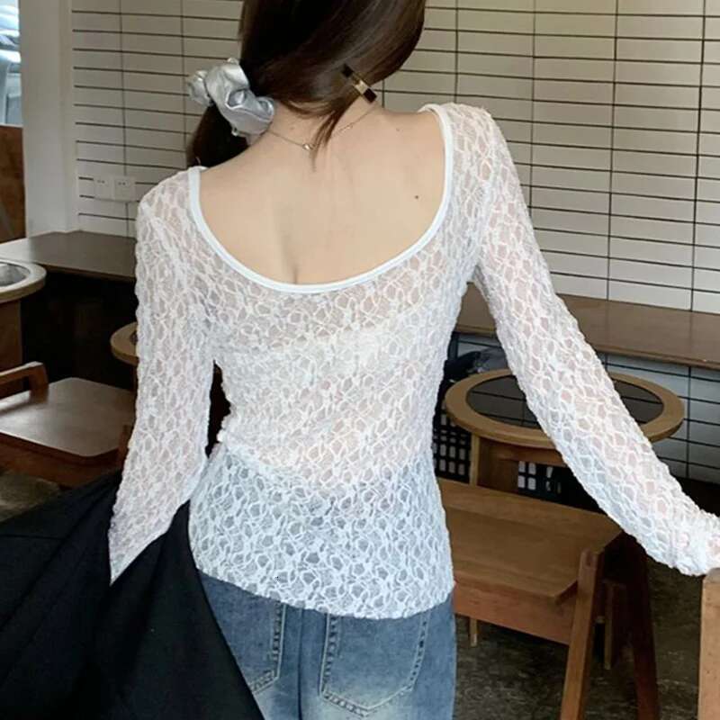 qing y2k Coquette Top Women Clothing See Through Round Neck Long Sleeve Lace T Shirts 2000s Fairycore Clothes Streetwear