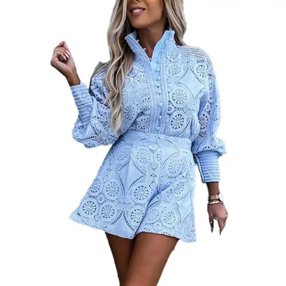 2 pieces/set of womens shirts long Sve single chest high waist embroidered hollow lace shirt wide leg womens shorts setXJ250414