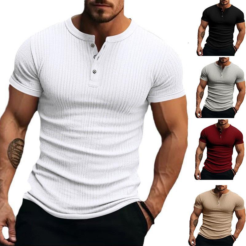 2025 casual men's with button down design, Henry collar, sports short sleeved T-shirt for men
