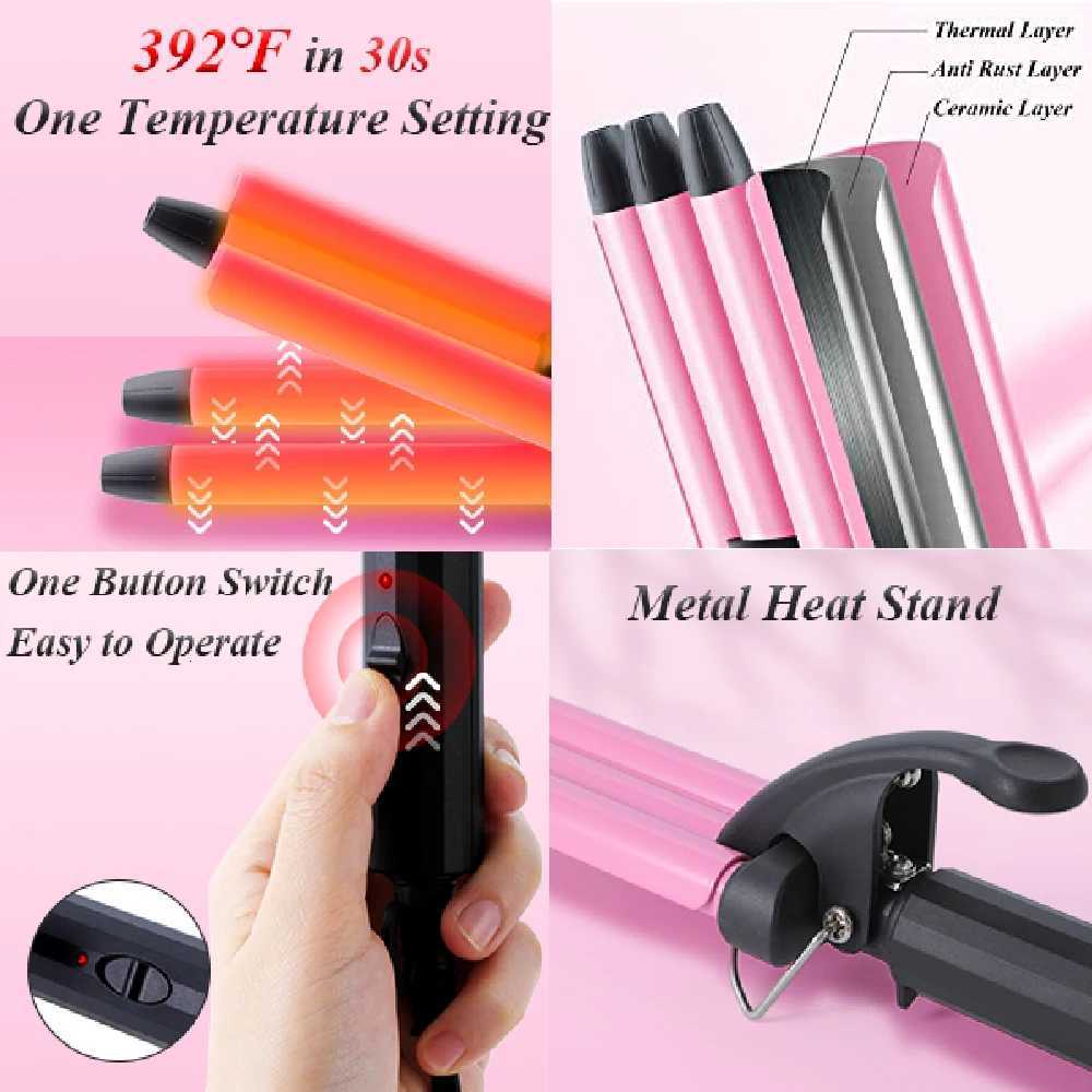 RUCHA Mini Three Barrel Hair Curler Iron Curling Wand 13mm for Home and Travel Ceramic Tourmaline Hair Waves CurlsT251114