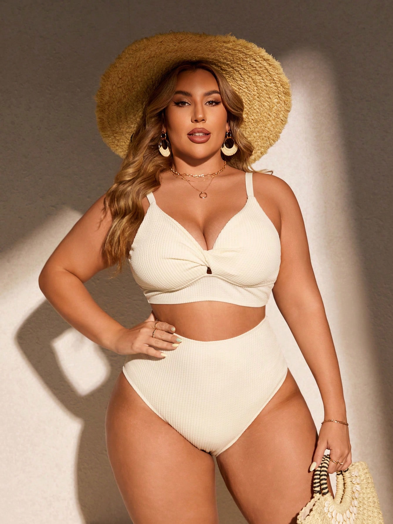 Women's Plus Size Swimsuits Two Piece Textured Twist Ruched Bathing Suit High Waisted Swimwear Sets