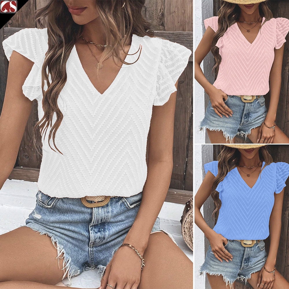 Women's Summer New V-neck Solid Color Jacquard Chiffon Lotus Leaf Short sleeved Top for Women