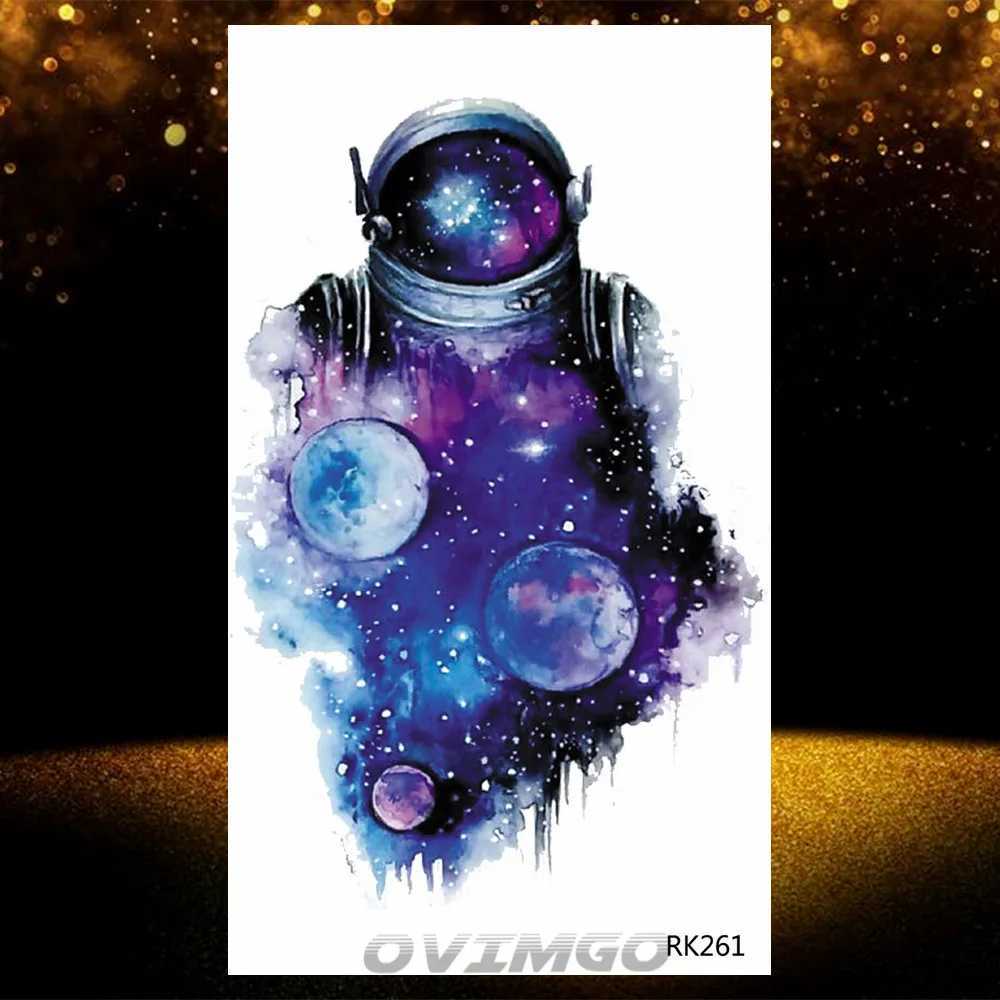 Watercolor astronaut space temporary tattoo sticker childrens fake tattoo planet star tattoo childrens waterproof astronautXJ25414