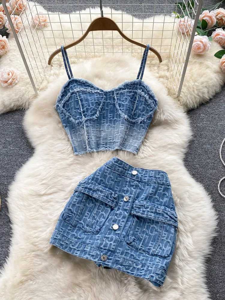 Womens Summer Sexy Denim Set Strapless Sling Zipper Design Crop Top + Short Button Mini Shorts Skirt Jeans Two Piece SuitsT250321