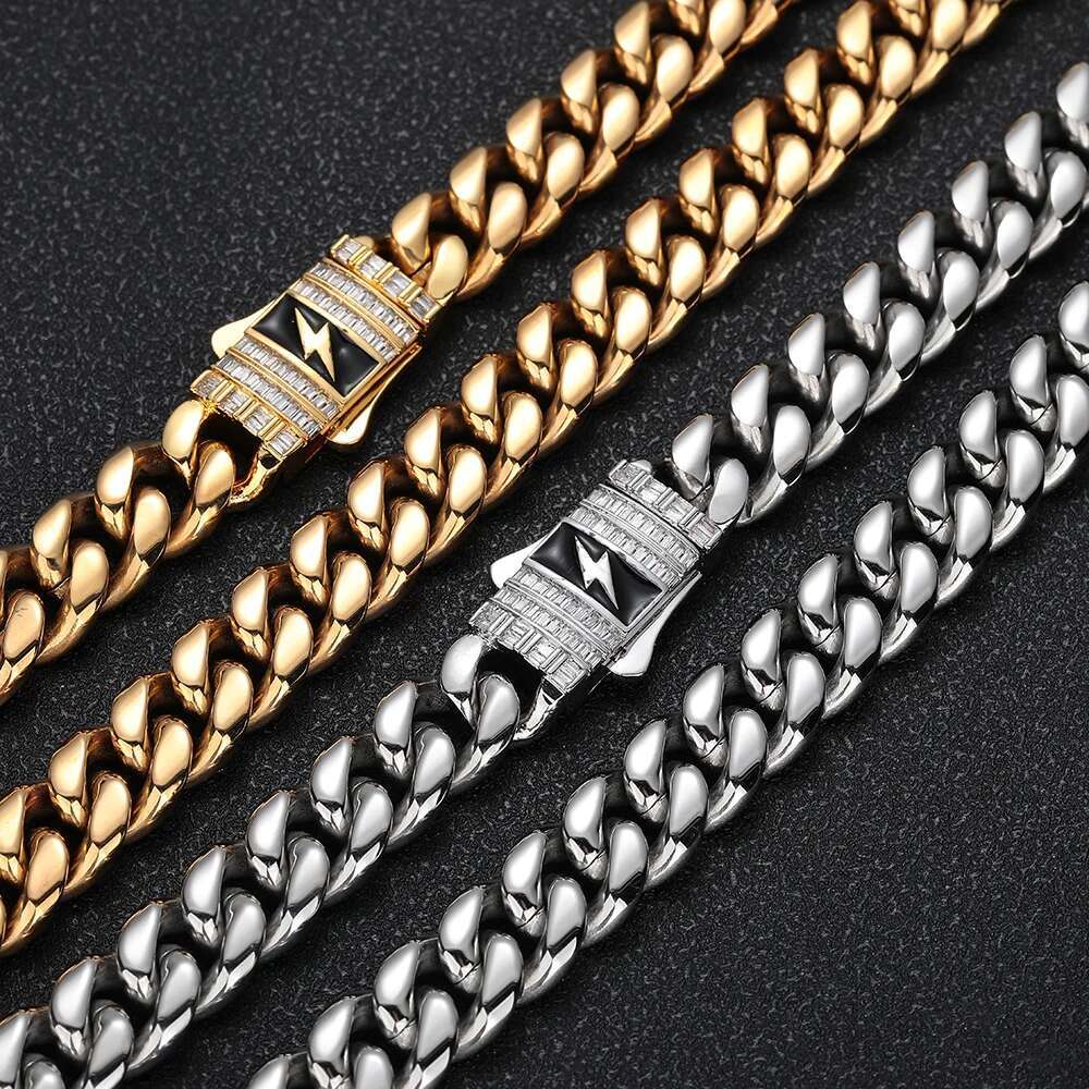 Hip Hop Jewelry 12MM Stainless Steel Cuban Link Necklace Brass Rectangle CZ Iced Out Bling Lightning Clasp For Men Women
