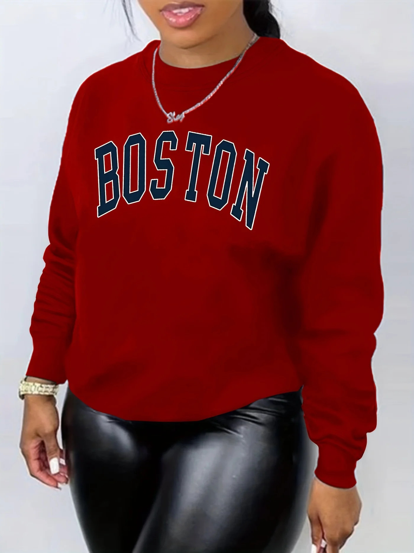 Womens Boston printed sweatshirt womens fashionable full matching street hoodie Crewneck casual Pullover oversized clothing 250414Z
