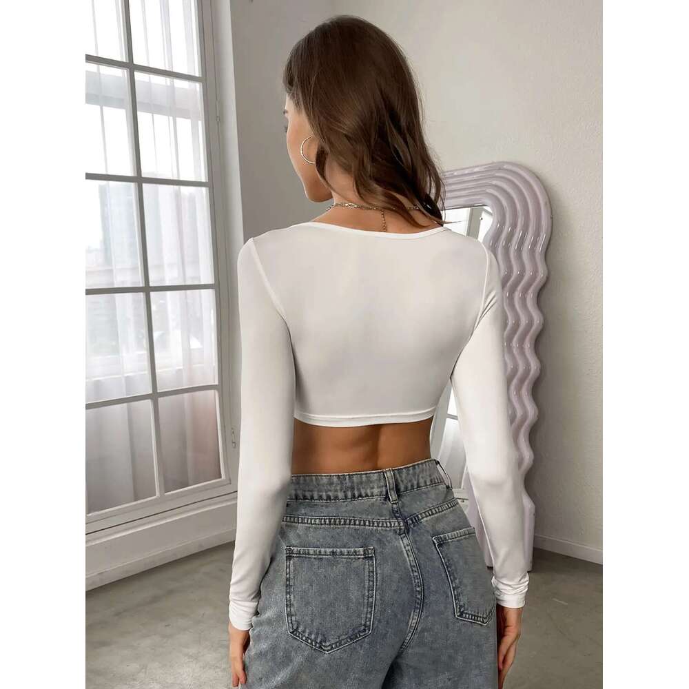 Sexy women's fashion Squared Neck Cropped New Casual Long Sleeve Solid T-shirt, Women's Clothing Tops