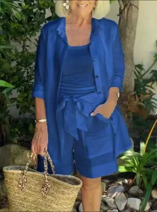 Spring Womens Track Set Oversized Sce Shirt Wide Leg Shorts Fe Trendy Fashion Casual 3-Piece Set WomenXJ250414