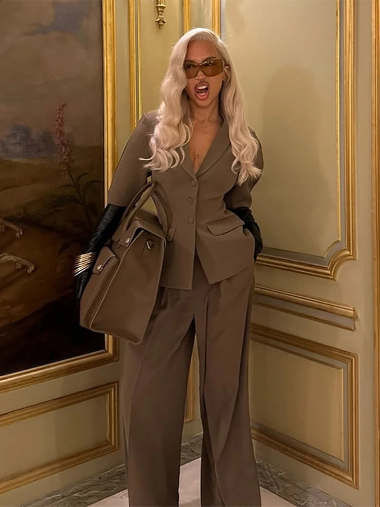 Fashion Short Puff Sleeve Blazer Long Pants Sets Women Spring Single Breasted Suit Jacket Wide Leg Trousers 2 Pieces Outfits 250410