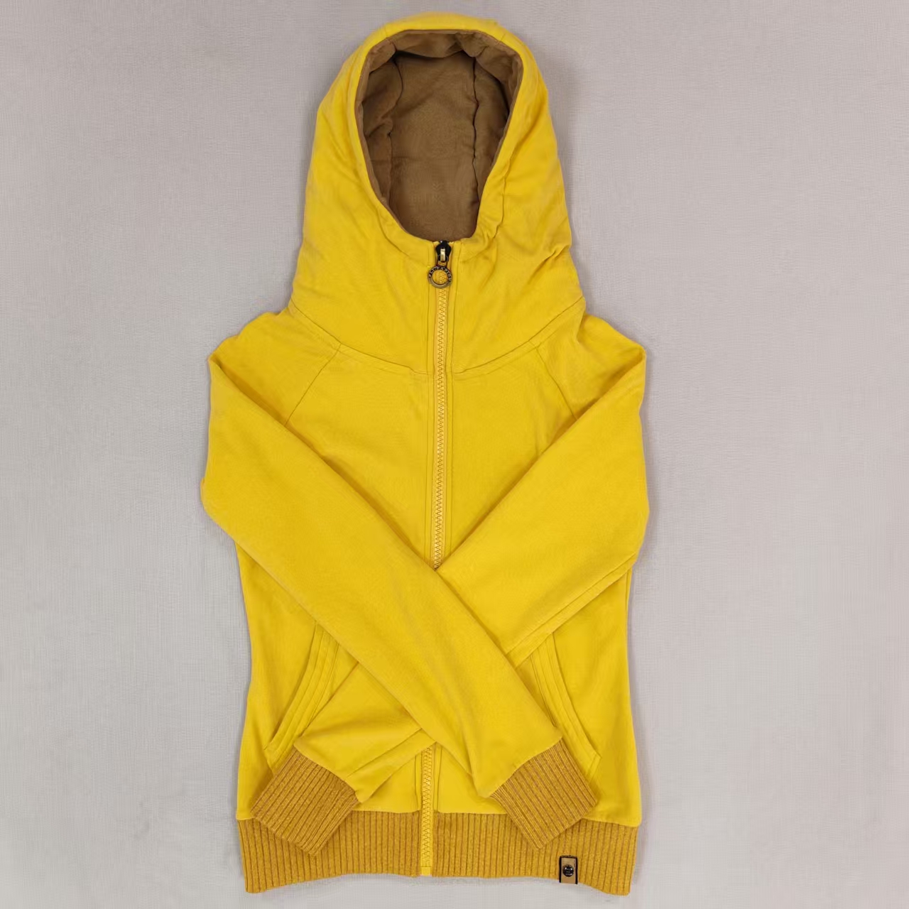 Women's Yellow Slim Fit Fleece Zip-Up Hoodie with Ribbed cuffs and hem Stand collar hood Filled hood Label patch for Daily Casual Wear