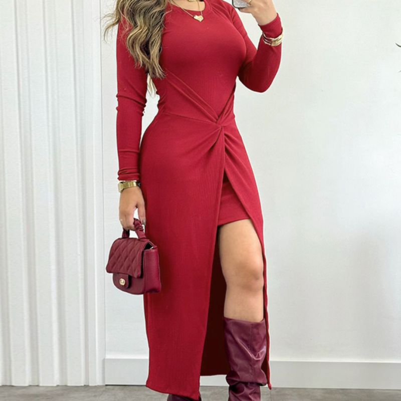 Urban Sexy Dresses Women's Burgundy Ribbed Bodycon Midi Dress - Long Sleeve Round Neck Twist Front Split Dress, Elegant Evening Party & Date Nigh