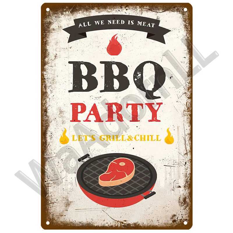 Metal Sign Plaque BBQ Party Time Grill Plate Retro Painting Iron Tin Sign Wall Art Picture For Garden Home Living Room Decor PubM251114