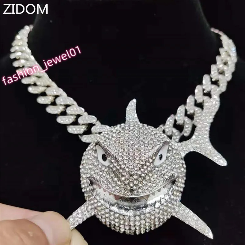 Big Size Shark Pendant Necklace For Men Hip Hop Bling Jewelry With Iced Out Crystal Miami Cuban Chain fashion jewelry