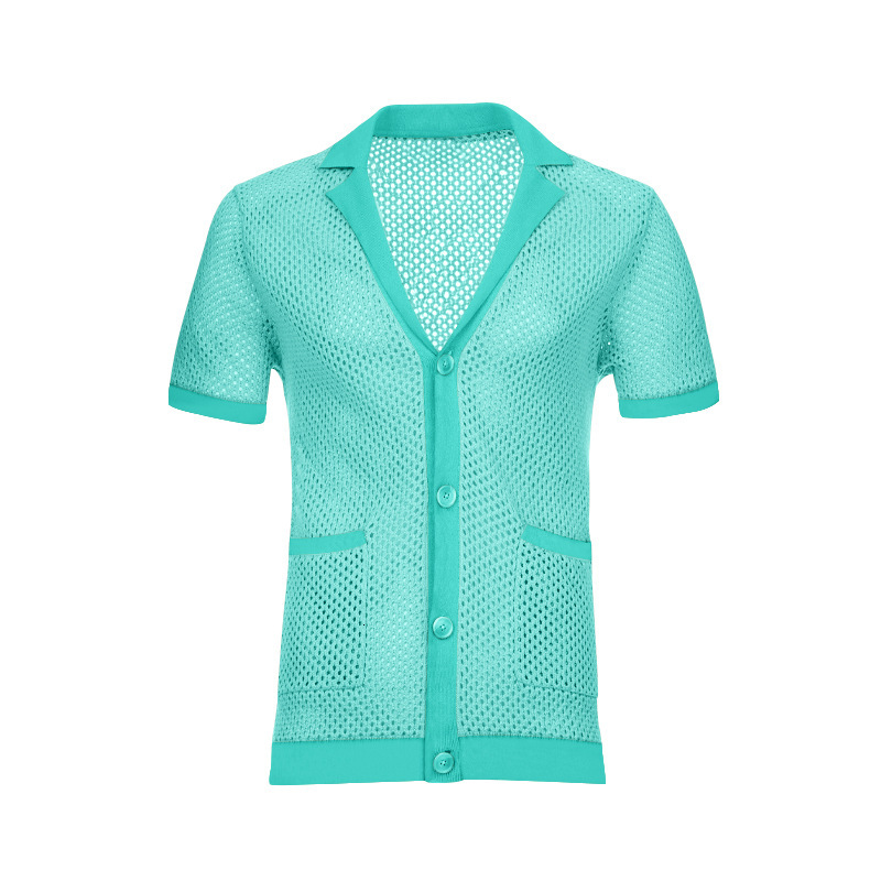 2025 Shorts Ice Cool Hole Cloth Flip Collar Cardigan Short sleeved for Men, Summer Two piece Set