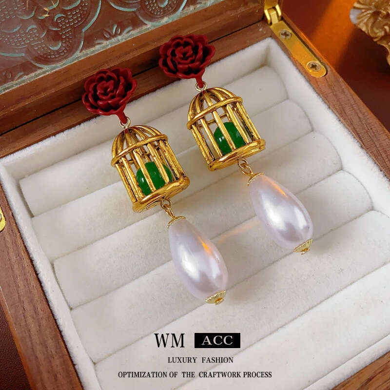 Vintage Sier Needle wer Birdcage Water Drop Pearl Light Palace Style High End Earrings