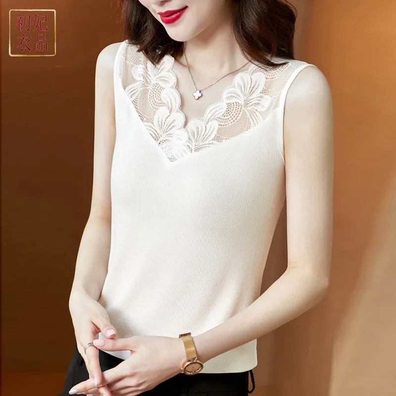 #1202 Black White Grey Khaki Short Tank Top For Women Lace V-neck Skinny Sleeveless T-shirt Female Hollow Out Office Tank Tops 250415