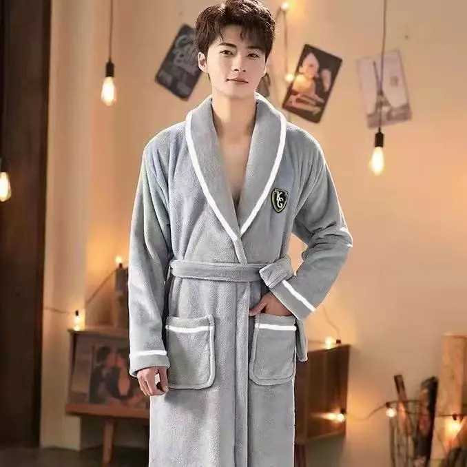 Belt Robe for Men Sleepwear Bathrobe Winter Night Wears Warm Fleece Pajama Solid One Piece Nightgown Pocket Homewear 2025 New C251115