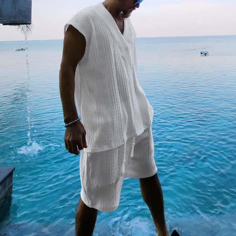 casual jacquard knit for men's summer loose oversized sleeveless T-shirt and shorts set