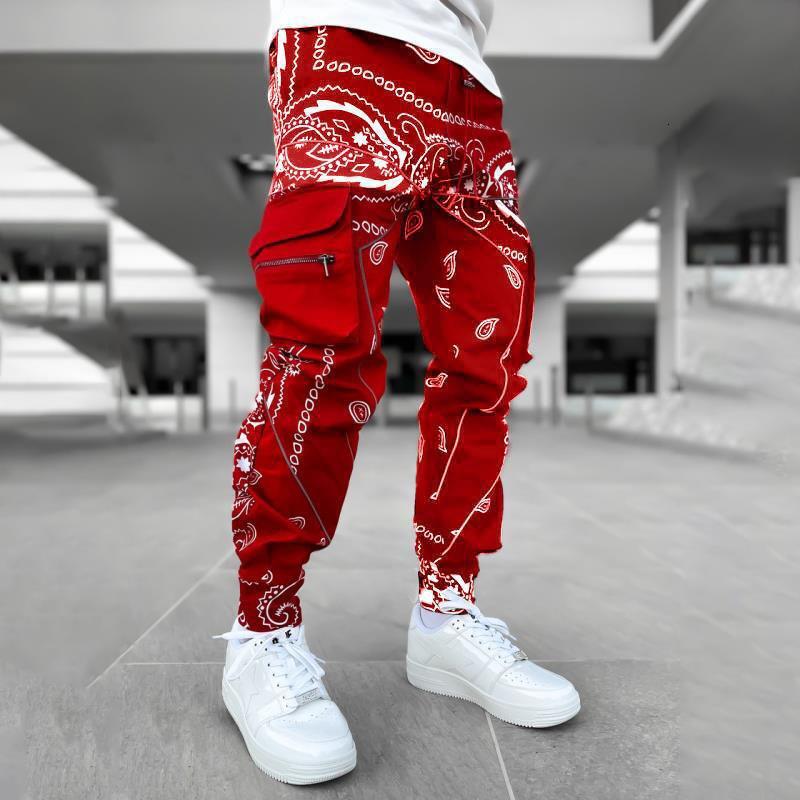 2025 Printed Cashew Flower Leisure Sports Harlan Long Men's Loose High Street Multi Bag Workwear Pants