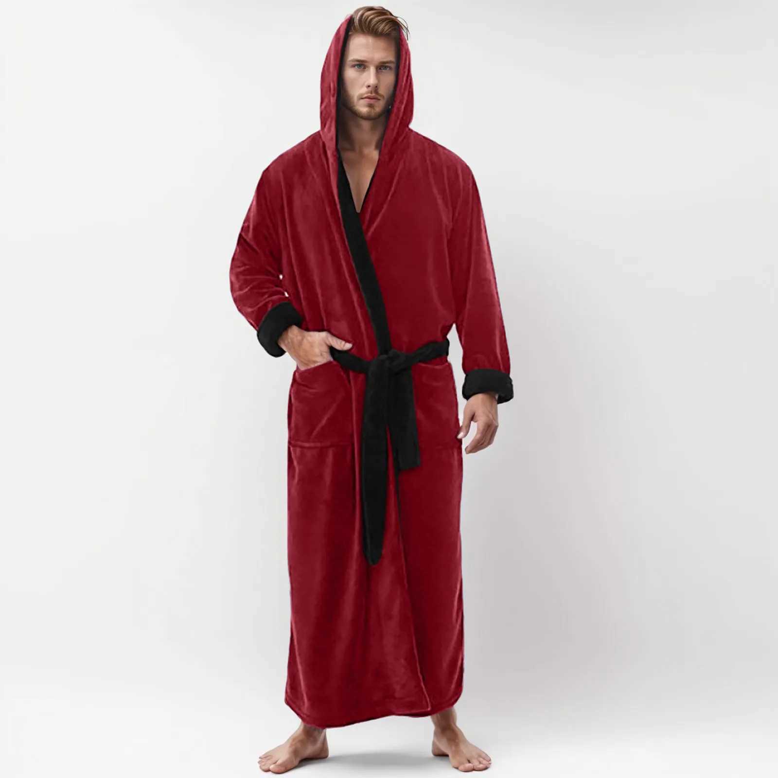 Mens Oversized Long-Sleeve Hooded Bathrobe Fall Winter Long Pajamas Loungewear Mens Plus Size Kimono Pajamas Nightgowns Robe C251115